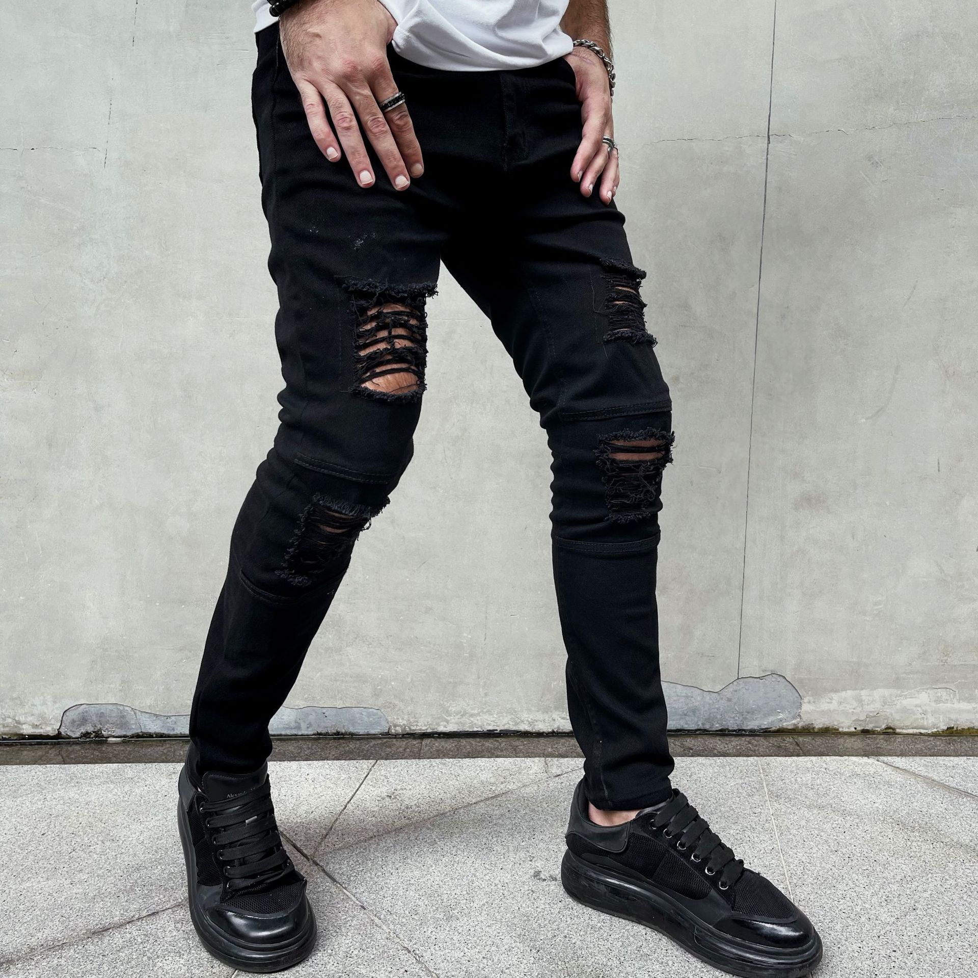 Uomo Nuovo High Street Hip Hop Stile Strappato Skinny Jeans a Matita Uomo Eleganti Slim Holes Casual Denim Pantaloni_voghion.com