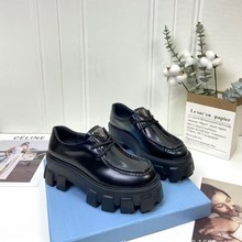 P家三角标乐福鞋女2025厚底增高系带小皮鞋英伦学院单鞋松糕底
