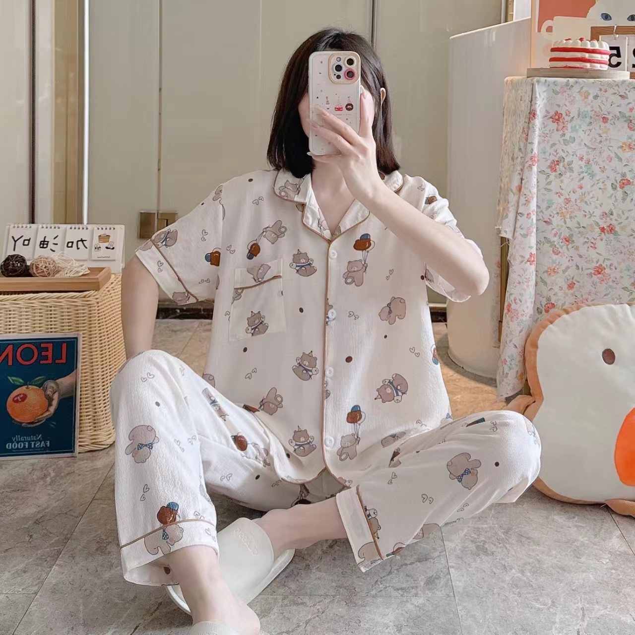Pajamas de espuma tejidos de verano de algodón pantalones largos de mangas cortas ropa para el hogar de verano delgada de algodón conjunto de dos piezas
