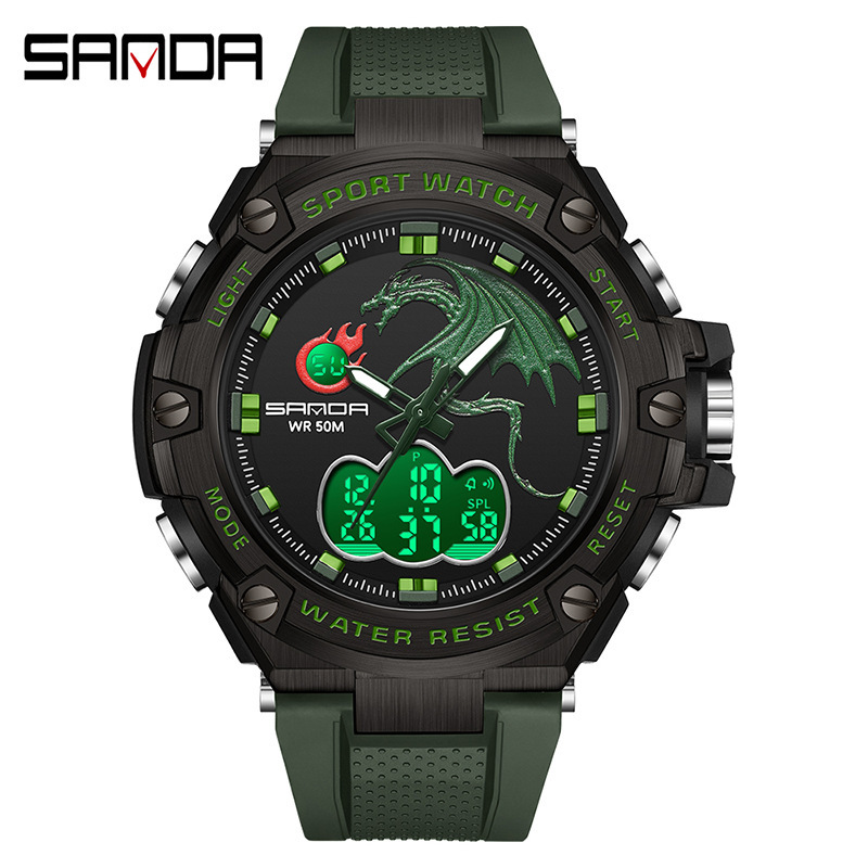 Sanda 3171 reloj electrónico dragón rociador de fuego reloj impermeable moda de moda luminoso reloj de hombre multifuncional