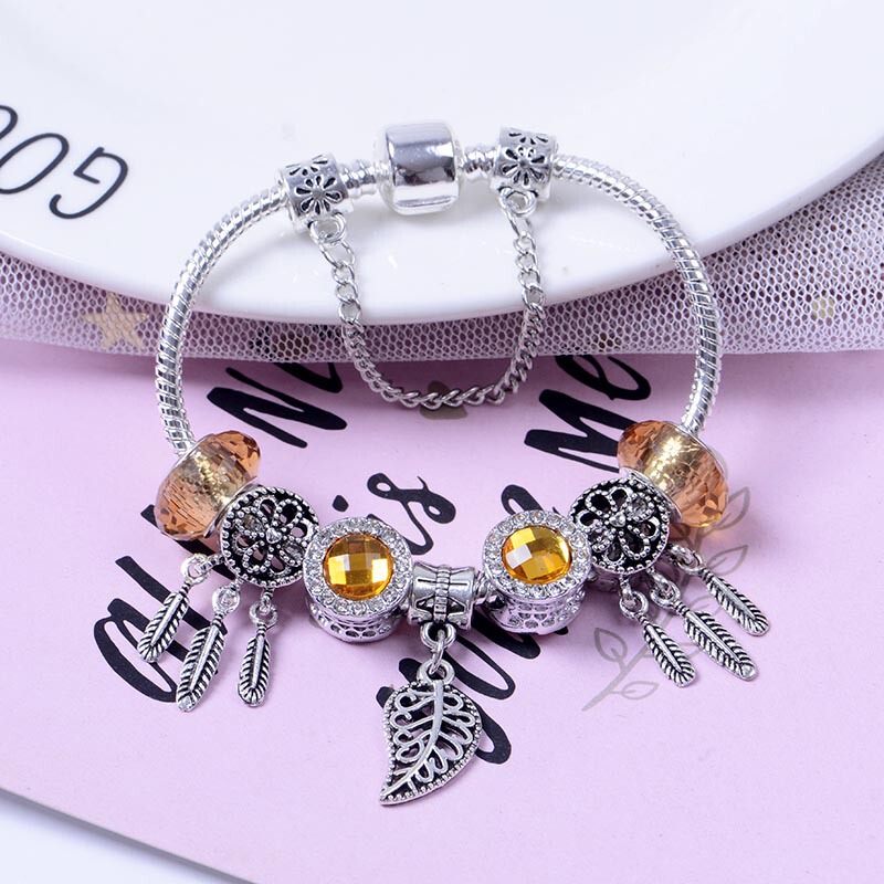 Panjia Jewelry Dream Catcher Leaf Pendant DIY Distinctive Shiny Cat's Eye Bracelet Simple Korean Crystal Bracelet