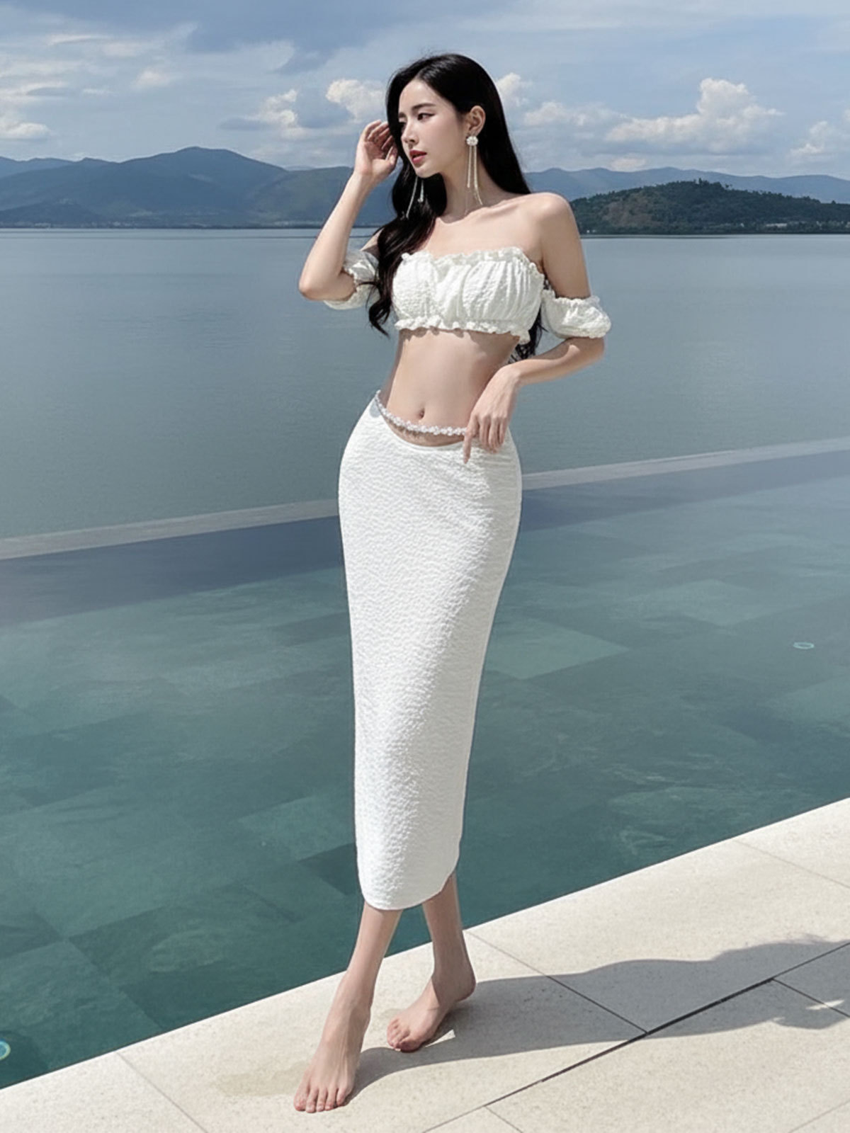 Vacaciones en la playa de estilo puro arroz blanco perla bikini en la playa de cuello colgante de tres piezas paquete de vestido de cadera larga trajes de baño mujeres