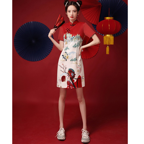 Red China tide cheongsam Chinese dresses qipao retro cheongsamparagraphs young girl Chinese wind small fry street short
