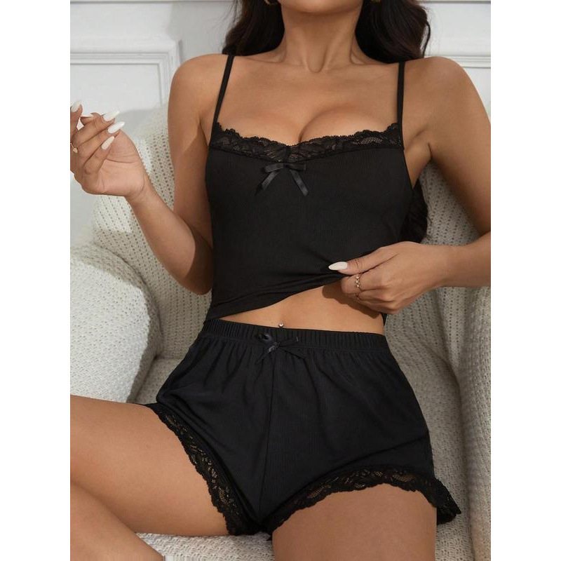 Lingerie Women Solid Color Lace Trim Cami Tops Bow Decoration Short