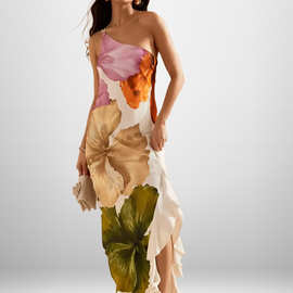 2026欧美春夏新款斜肩亚马逊连衣裙 INS休闲度假宽松连衣裙女