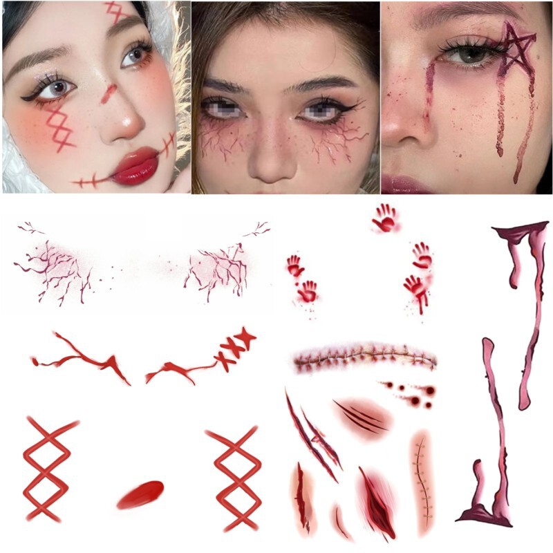 Dark Style Halloween Realistic Makeup Face Stickers, Cosplay Scar Tattoo Stickers, Washable, Sweat-Proof, Sweet and Cool Colorful Cheek Designs