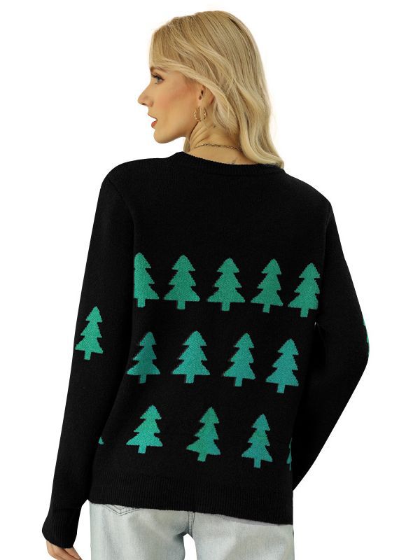 Shein Amazon de las mujeres europeas y americanas de otoño e invierno Jersey jacquard suéter de árbol de Navidad de manga larga rojo suéter de Navidad