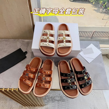 凯旋门金属扣一字凉拖罗马风夏季厚底拖鞋女复古圆头露趾百搭增高