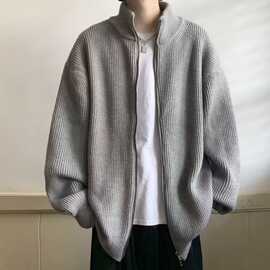 2024秋冬新款开衫毛衣跨境美式复古休闲慵懒风领针织衫男纯色外套