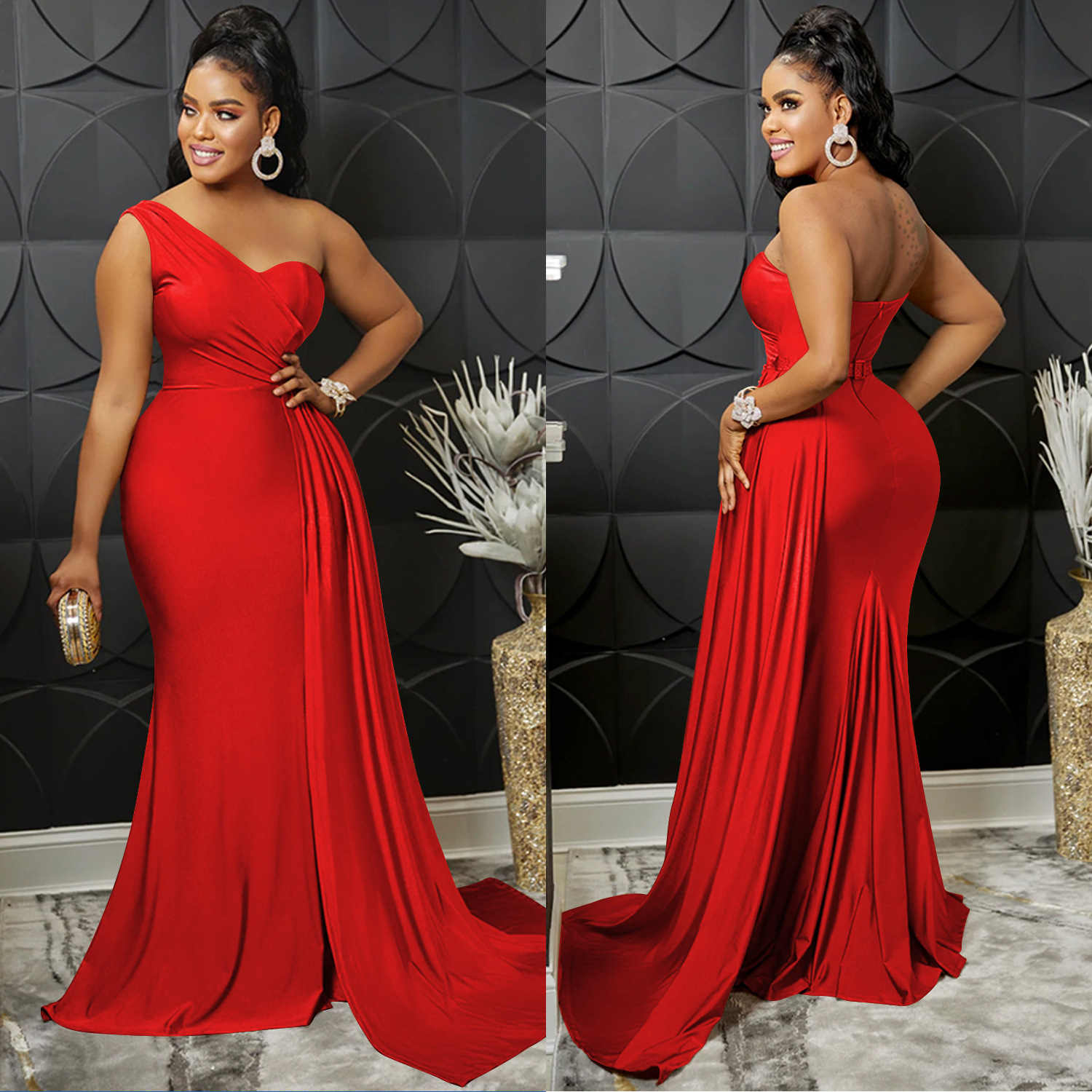 X5819 europeo y americano nuevo AliExpress Amazon moda color sólido partido apretado Vestido de manga de un solo hombro vestido largo para las mujeres image 5
