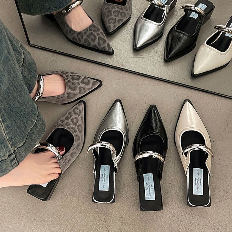 2026 Pointed-Toe Slip-On Mules with Open Back, Slip-On Shoes for Easy Wear, New Stylish Commuter Style with Chunky Heels