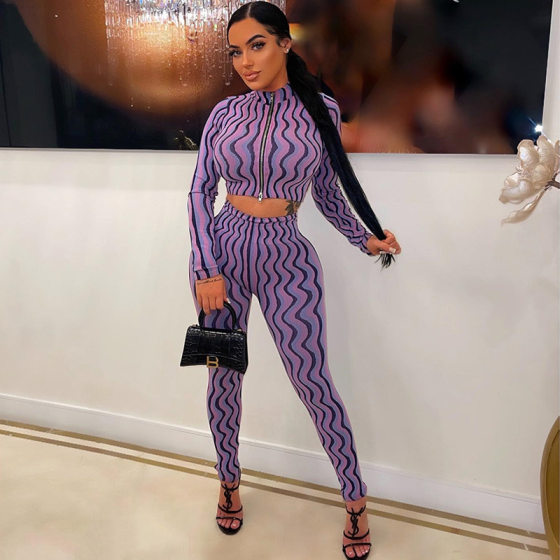 European and American style tight casual suit printed zipper long sleeve top high waist tight leggings two-piece suit for foreign trade