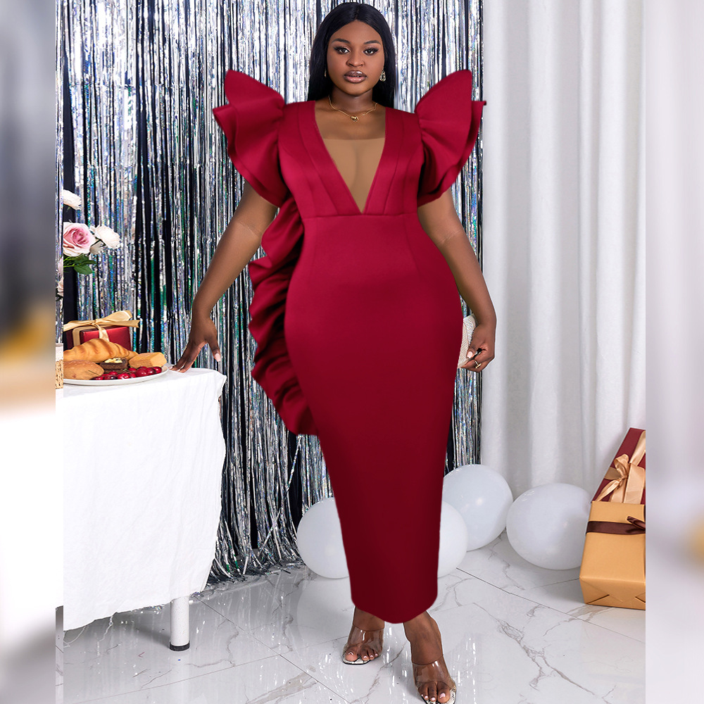 Women's Clothing deep V sexy low cut dress plus size ruffled banquet dress _voghion.com