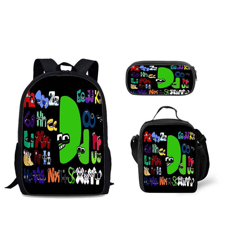 Venta al por mayor Alphabet Lore mochila escolar bolsa de hielo letra leyenda estudiante mochila bolsa de comida bolsa de tres piezas