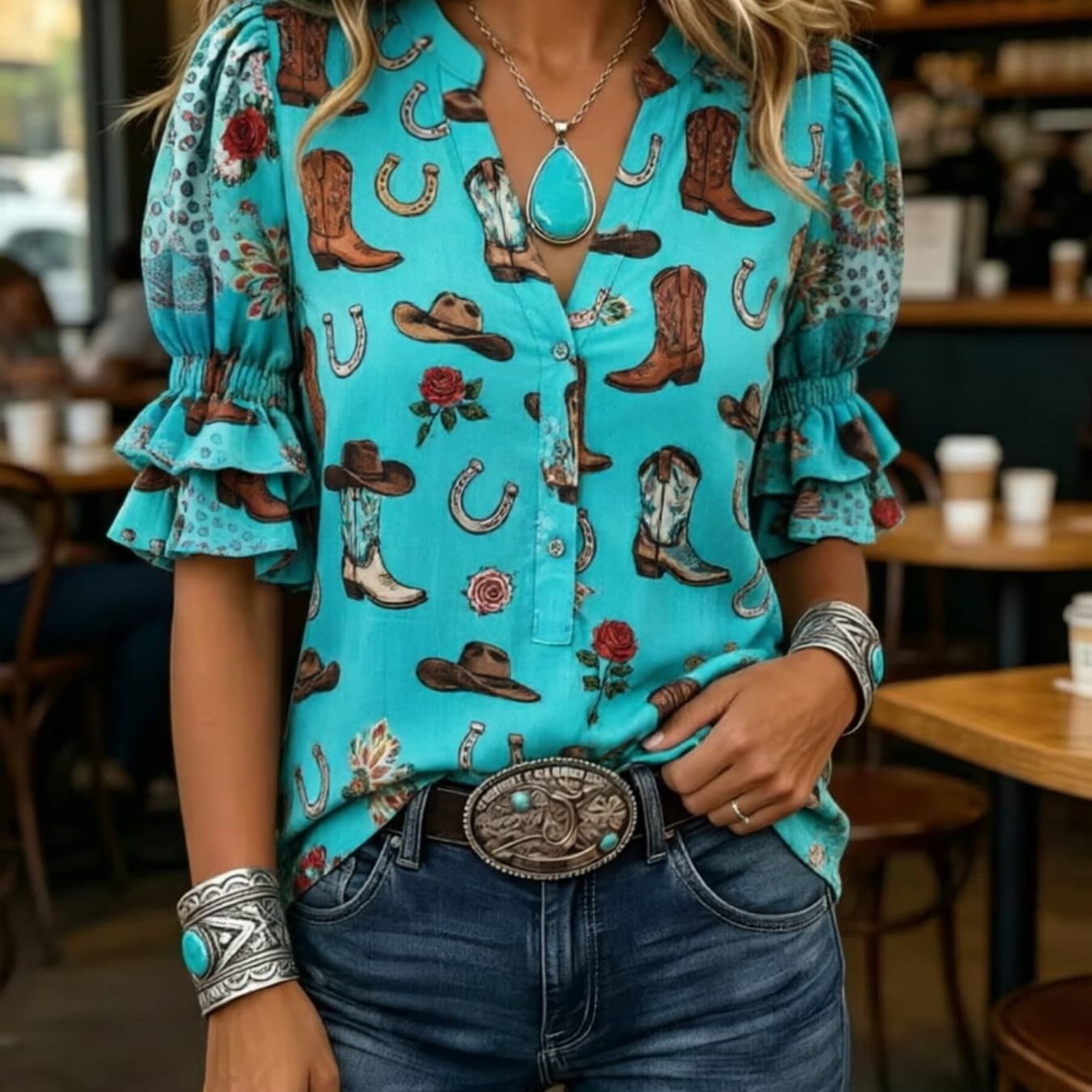 Transfronterizo exclusivo para camisas de impresión vintage mujeres sueltas de cuello en V de manga corta chaqueta bohemiana Europa y América nuevo transfronterizo image 44