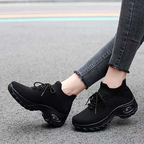 Air-cushion women's shoes with thick soles and rocking shoes for women's sports and casual lightweight flying knitted height-increasing shoes with breathable height-increasing shoes
