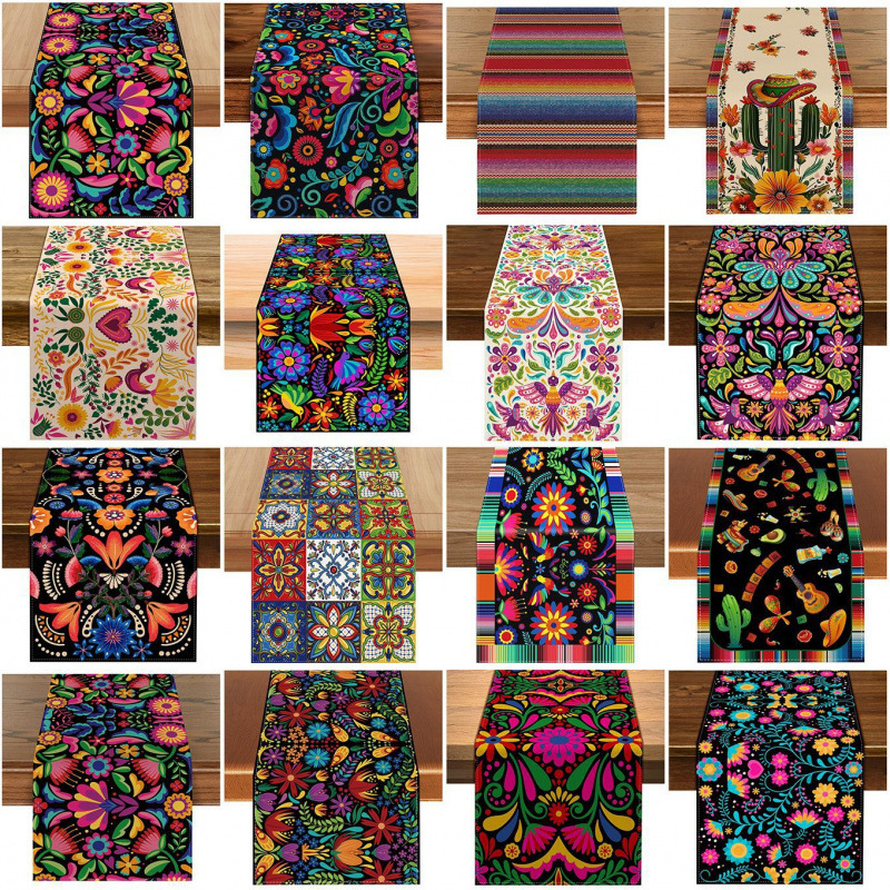 Cross-Border Mexican Carnival Table Runner with Floral and Bird Patterns, Day of the Dead Table Runner with Skull Print, Linen Tablecloth Cross-Border Mexican Carnival Table Runner with Floral and Bird Patterns, Day of the Dead Table Runner with Skull Print, Linen Tablecloth