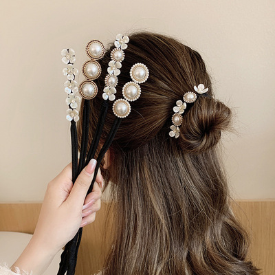 Pearl Flaxen Hair Meatball head bow Flaxen Hair grace Hindbrain Headdress Lazy man Ultra cents Pearl Hairpin