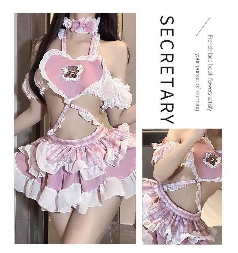 Moe Q Maid Uniform Lingerie Set with White Bodystocking, Chiffon Fabric — detail image 4