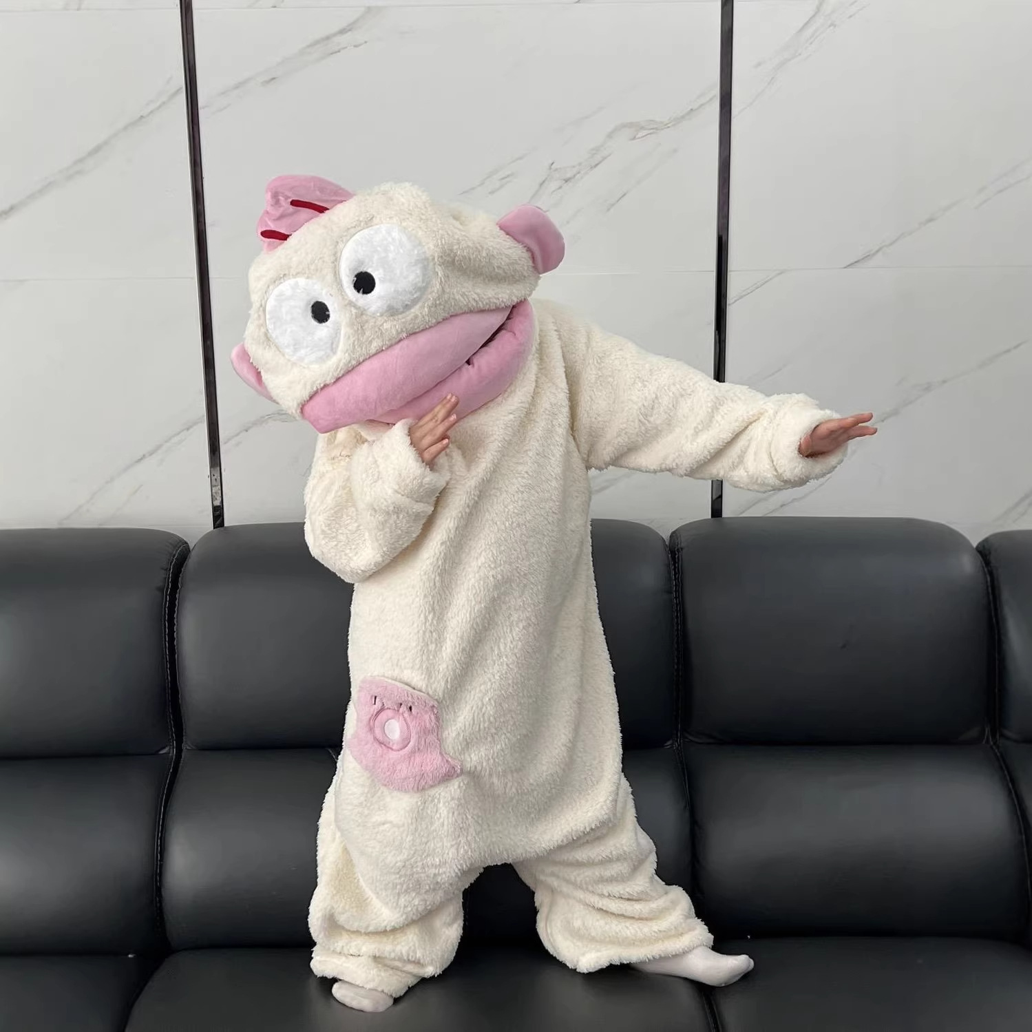 Cartoon Funny White Kidsren's Ugly Fish Hanton One-Piece Pajamas for Women Autumn and Winter Fleece-Lined Thickeneded Coral Velvet Home Clothes