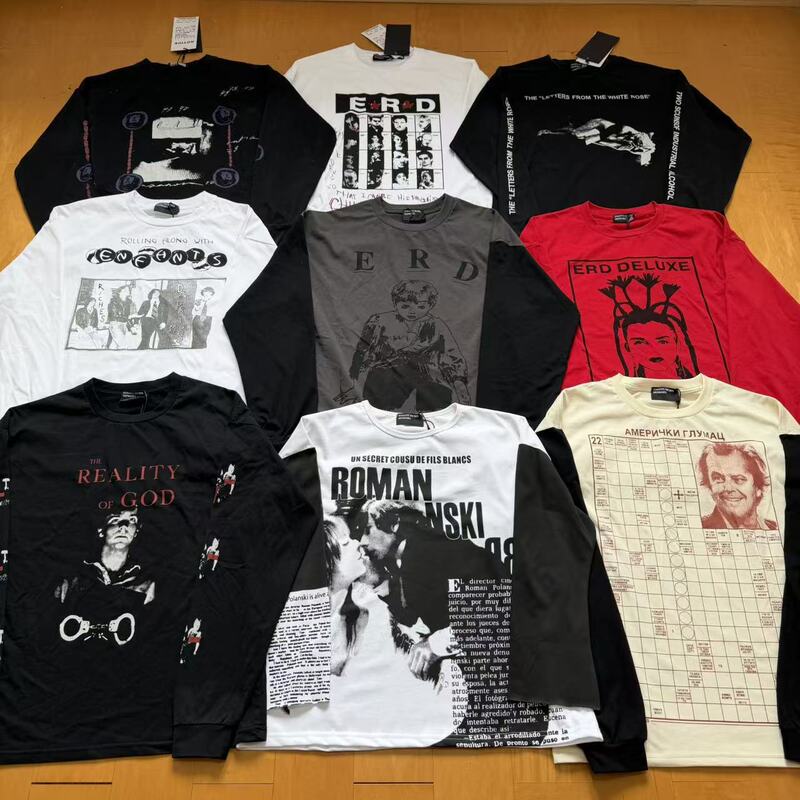 New high-quality ERD distressed vintage letter and portrait print short-length long-sleeve T-shirt New high-quality ERD distressed vintage letter and portrait print short-length long-sleeve T-shirt
