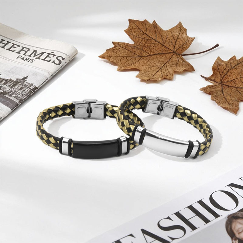 Cross-Border European and American Hot-Selling Stainless Steel Simple Bracelet Black Light Plate Lettering Color Leather Braided Bracelet Men's Bracelet