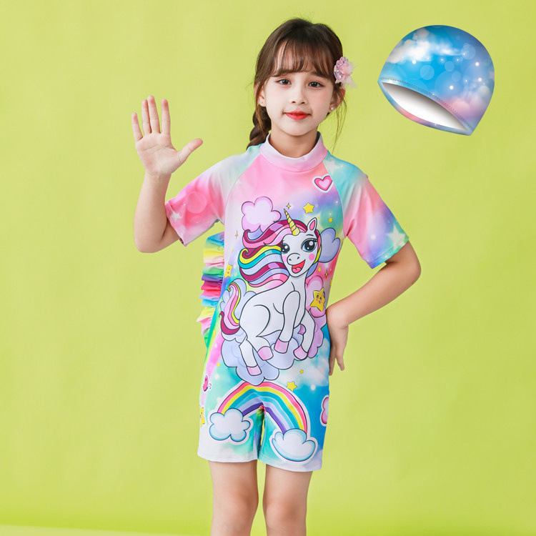 Traje de baño de una pieza para niñas, estilo caricatura, manga corta, pantalones cortos, traje de baño conservador con diseño patentado.
