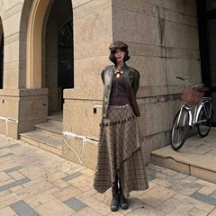 西部迷失 设计不规则格纹长裙女辣妹美式复古街头咖色格子半身裙