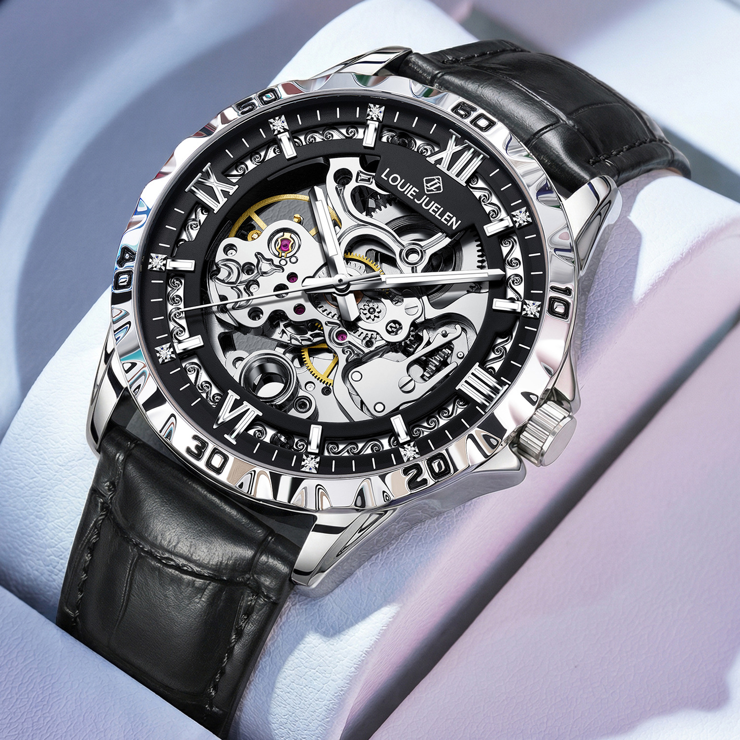 Reloj mecánico automático de hueco LOUIE JUELEN Reloj de hombre de negocios impermeable reloj de luz nocturna