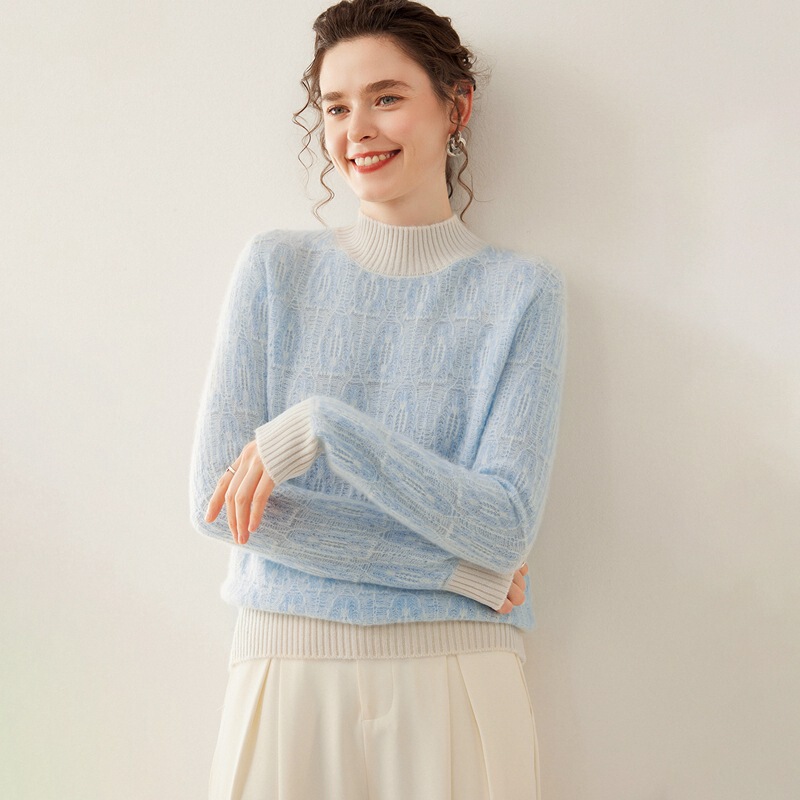 Light Luxury Half Turtleneck Cashmere Sweater Women's Pullover Jacquard Sweater Short Loose Knitted Elegant Thickeneded Color Matching Base