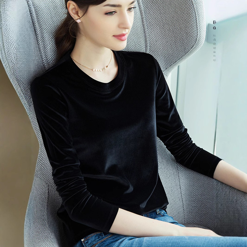 SHEIN Autumn and Winter Explosions Gold Velvet Inner Long Sleeve Crewneck Base Shirt European and American plus size Warm Comfortable T-Shirt Top