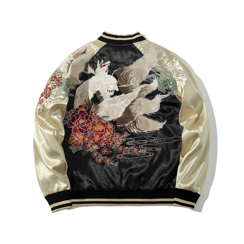 Original Chinese Style Heavy Industry Jacket National Trend Creative Nine-Tailed Fox Embroidered Baseball Jacket A008