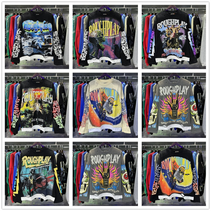 2026 American Fashion Rp Rhinestone Design Washed Distressed Double Yarn Pure Cotton Patchwork Skull Print Short-Sleeve T-Shirt