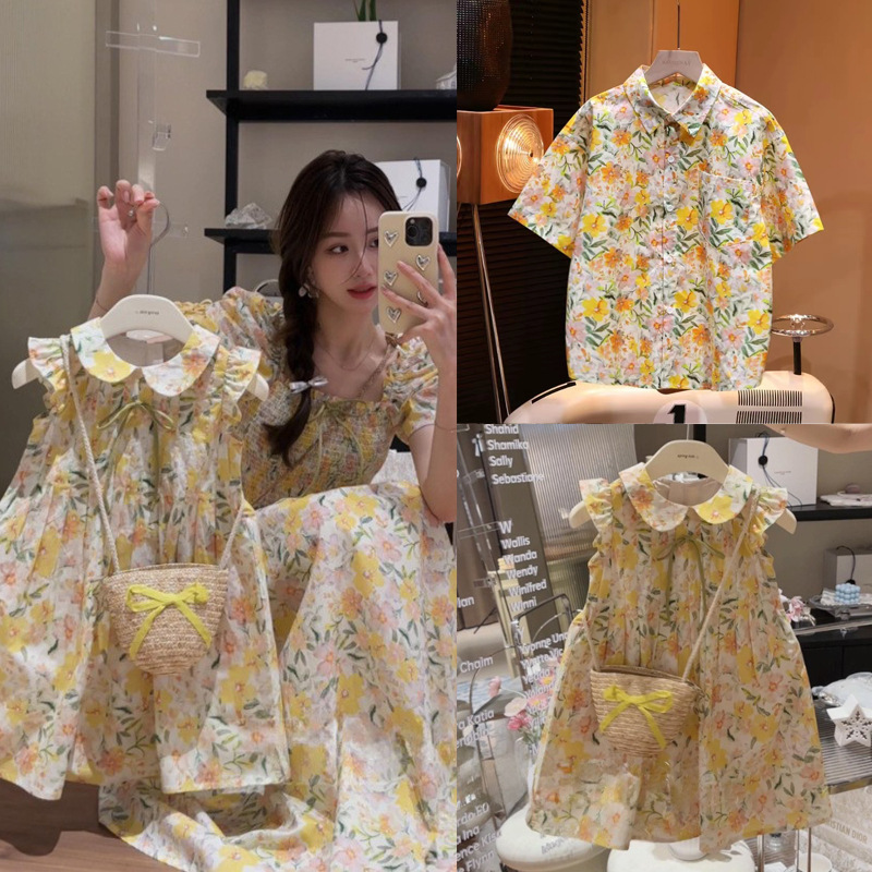 Korean style family summer outfits, short-sleeved shirts for mothers and children, floral print maxi dresses perfect for beach vacations.