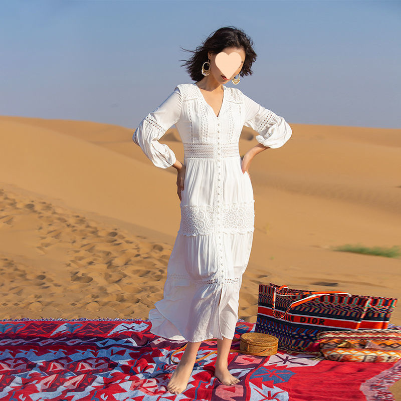 白色连衣裙夏气质收腰显瘦领字仙女裙领证小白裙沙漠旅游度假裙|undefined