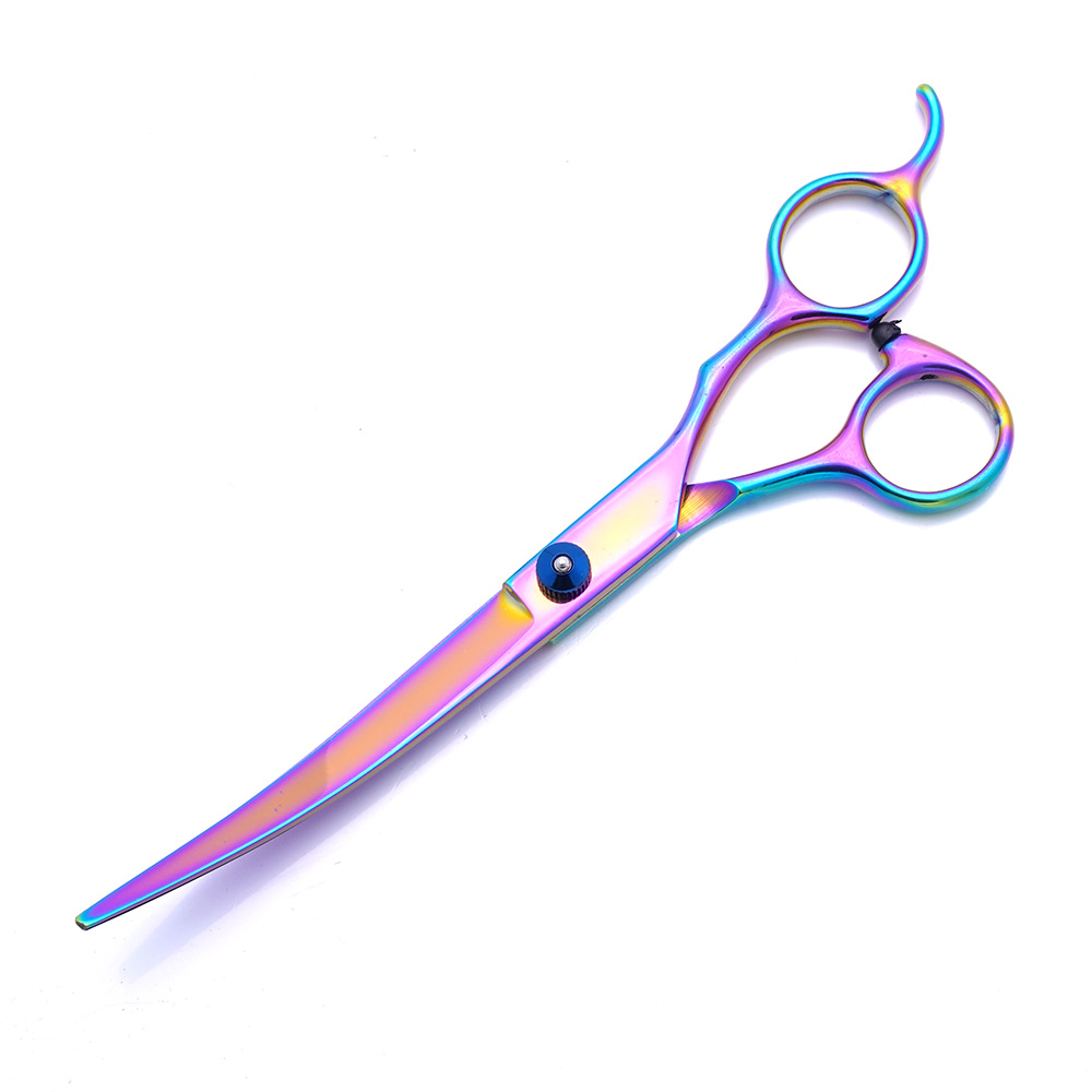 Tijeras de acero inoxidable para mascotas al por mayor de fábrica, tijeras curvas de color de 7 pulgadas, tijeras finas, juego de tijeras de reparación para mascotas