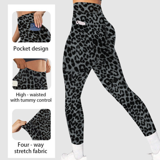Foreign Trade Hot Leopard Print Yoga Pants Women's Fitness Pocket Hip and Belly Tight Sports Tights European and American Style Leggings