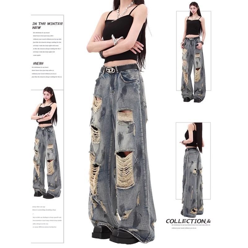Plus-Size American-Style Washed Vintage Desert-Style Splatter Ripped Jeans for Women, New Summer Straight-Leg Floor-Length Pants