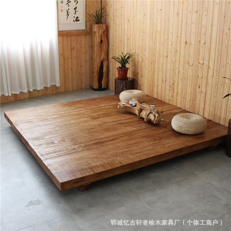 中式老榆木榻榻米床民宿酒店落地式矮床实木家具卧室双人床地台床