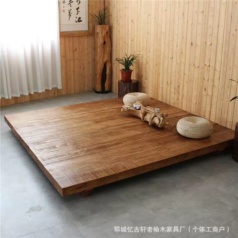 中式老榆木榻榻米床民宿酒店落地式矮床实木家具卧室双人床地台床