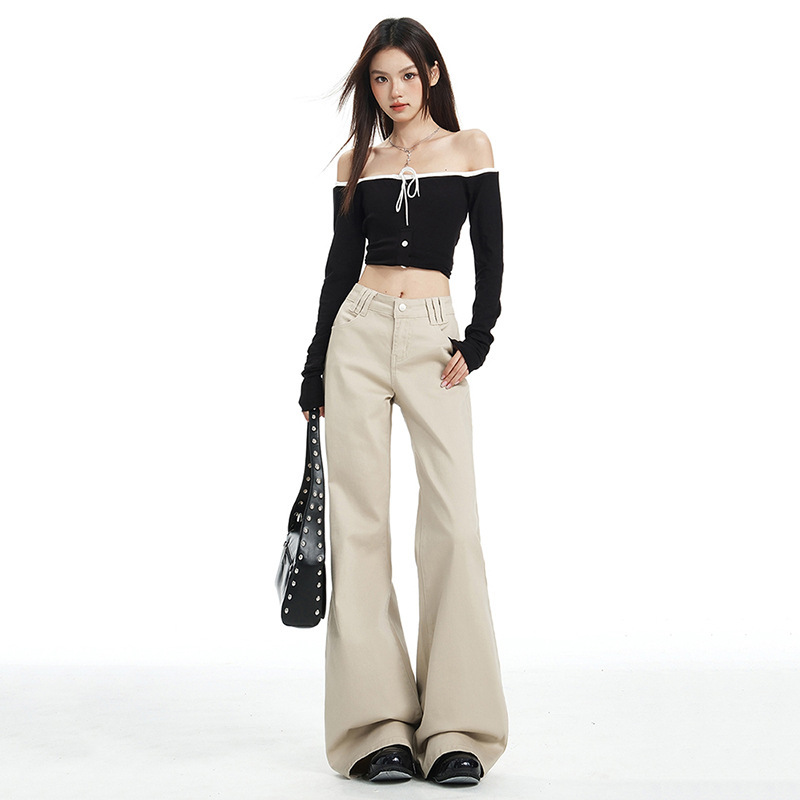 Khaki Mid-Low Waist Bootcut Jeans for Women 2025 Autum New Style Non-Leg-Fitting Slimming Look Versatile Bell-Bottom Pants