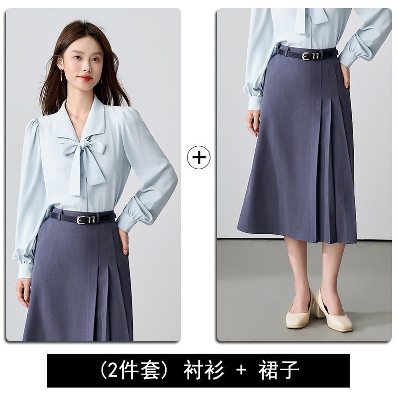 蝴蝶结蓝色衬衫女2025春秋新款通勤穿搭法式面试长袖衬衣职业上衣|undefined