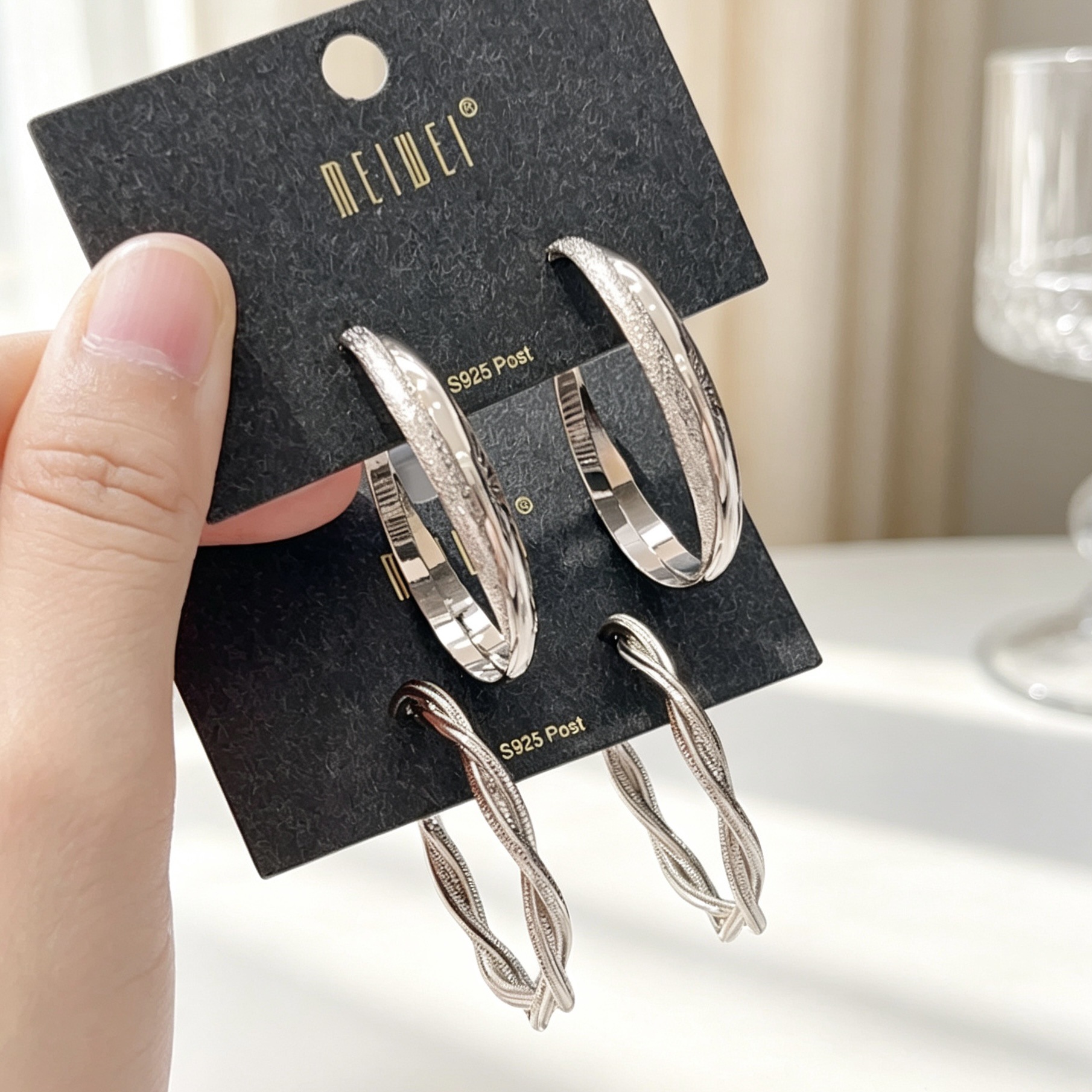 S925 silver needle double-layer frosted circle earrings, Korean-style simple textured metal earrings, autumn and winter coffee gold color