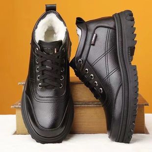 Cross-Border Dropshipping 2025 Winter Thickened Men's Cotton Shoes Leather Shoes Large Leather Cotton Shoes High-Top Warm Casual Style