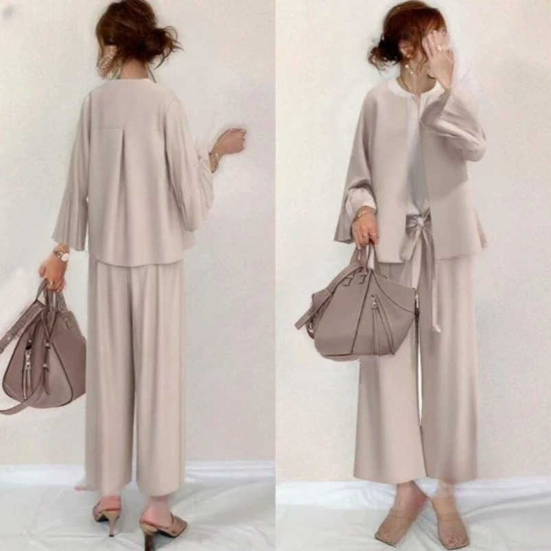 Японские Новые прямые брюки с расклешенными рукавами + белый базовый жилет, комплект из 3 предметов