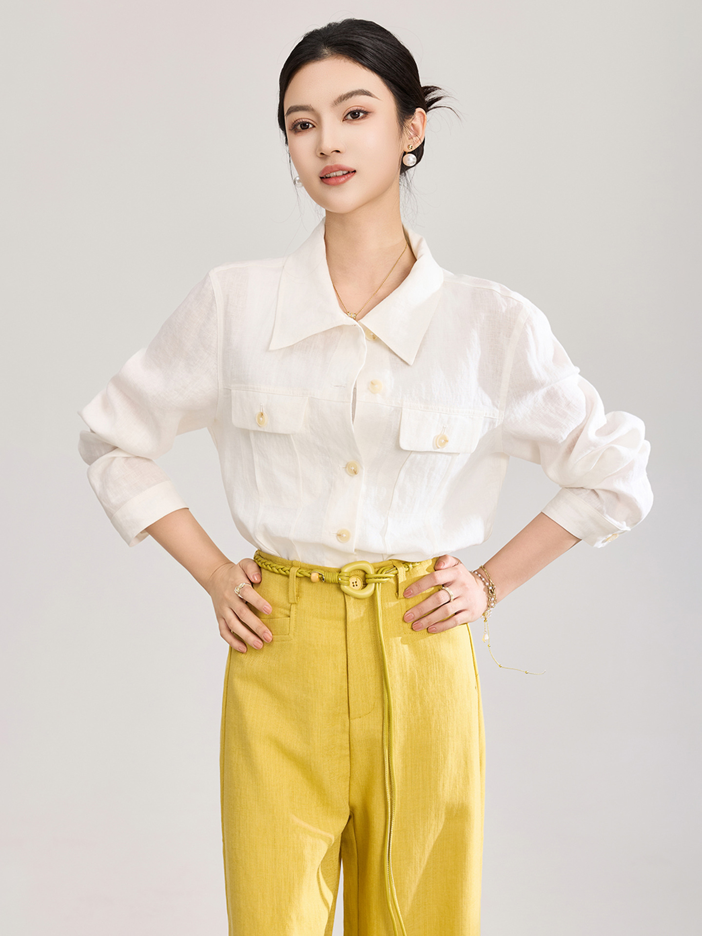 Áo sơ mi nữ linen phong cách Old Money hai túi xếp ly kiểu công nhân — màu cam
