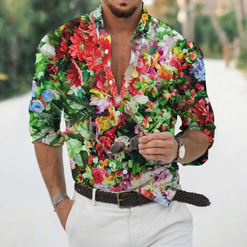 Transfronterizo 2025 primavera y otoño nuevo estilo de los hombres europeos y americanos más el tamaño de la camisa con estampado de plantas de rosas de manga larga