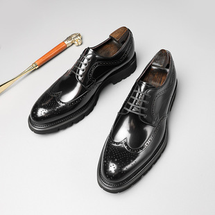 British style formal wear business Brogue leather shoes men's office commuter bright leather derby shoes cowhide wedding shoes thick sole height increasing