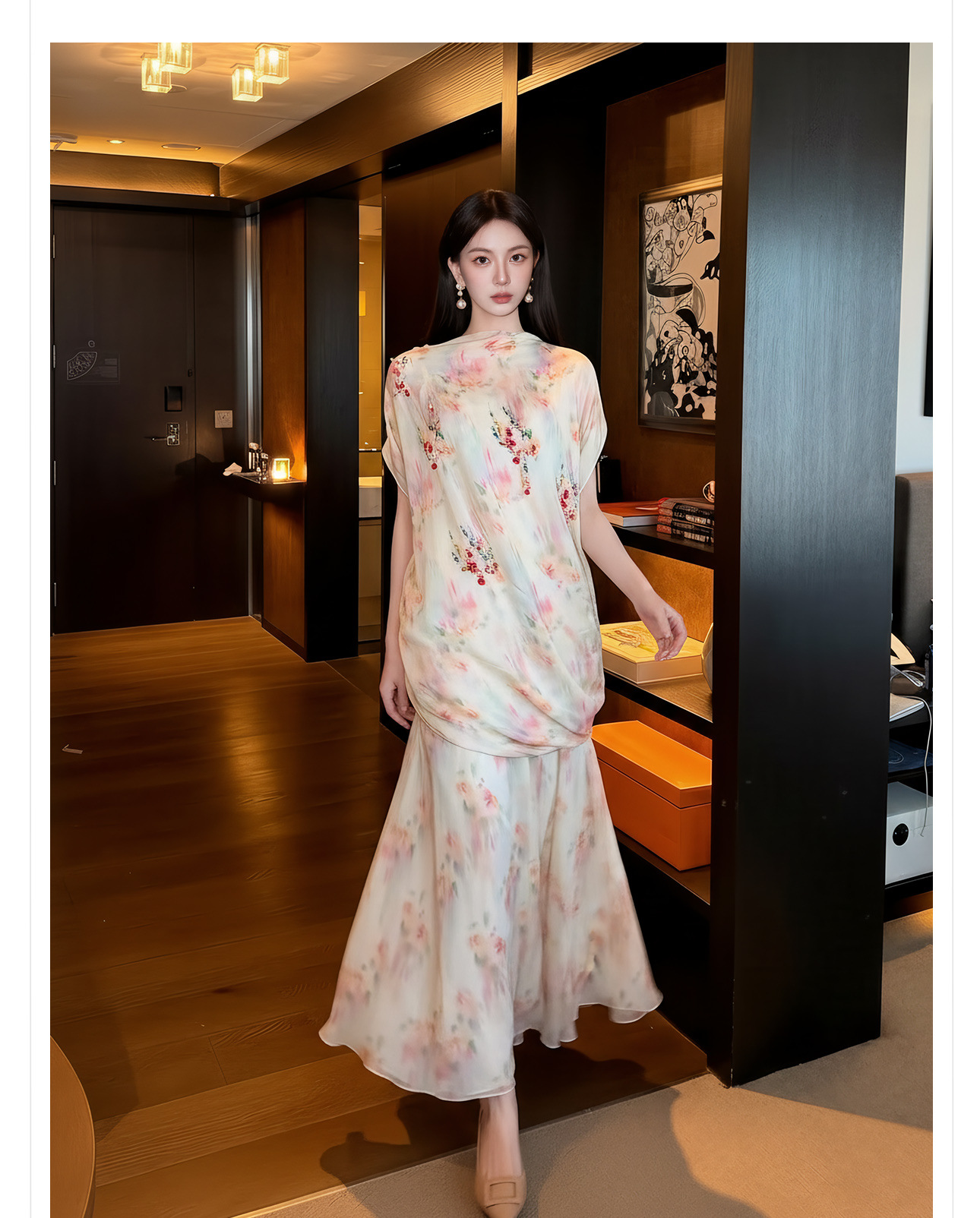 Bộ váy áo maxi thắt eo họa tiết hoa phong cách tân cổ điển — Trang chủ, bộ đồ, nửa váy chi tiết 11