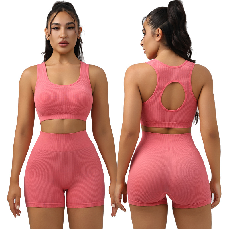 Bra apretado con cojín de pecho de rosca, yoga de cintura alta, melocotón de acondicionamiento físico, ropa deportiva de secado rápido, pantalones cortos.